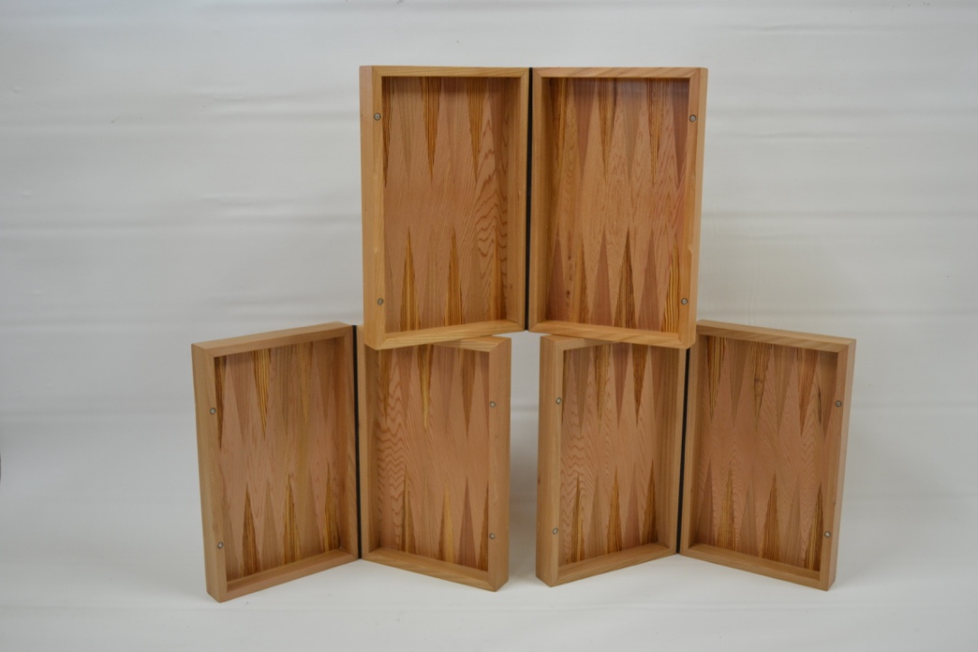 Three backgammon boards, open