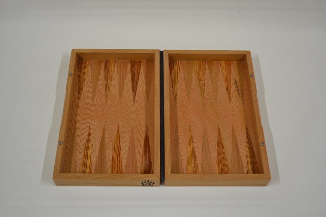A backgammon board, open flat